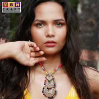 Necklace Earrings Set - Three Layer Oxidised Necklace With Multi Color Beads Necklace Earrings Set - Three Layer Oxidised Necklace With Multi Color Beads