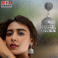 Oxidised Jhumka Earrings With Floral Design Oxidised Jhumka Earrings With Floral Design