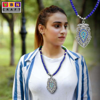 Oxidised Royal Blue Beads with Leaf Shaped Pendant Necklace Oxidised Royal Blue Beads with Leaf Shaped Pendant Necklace